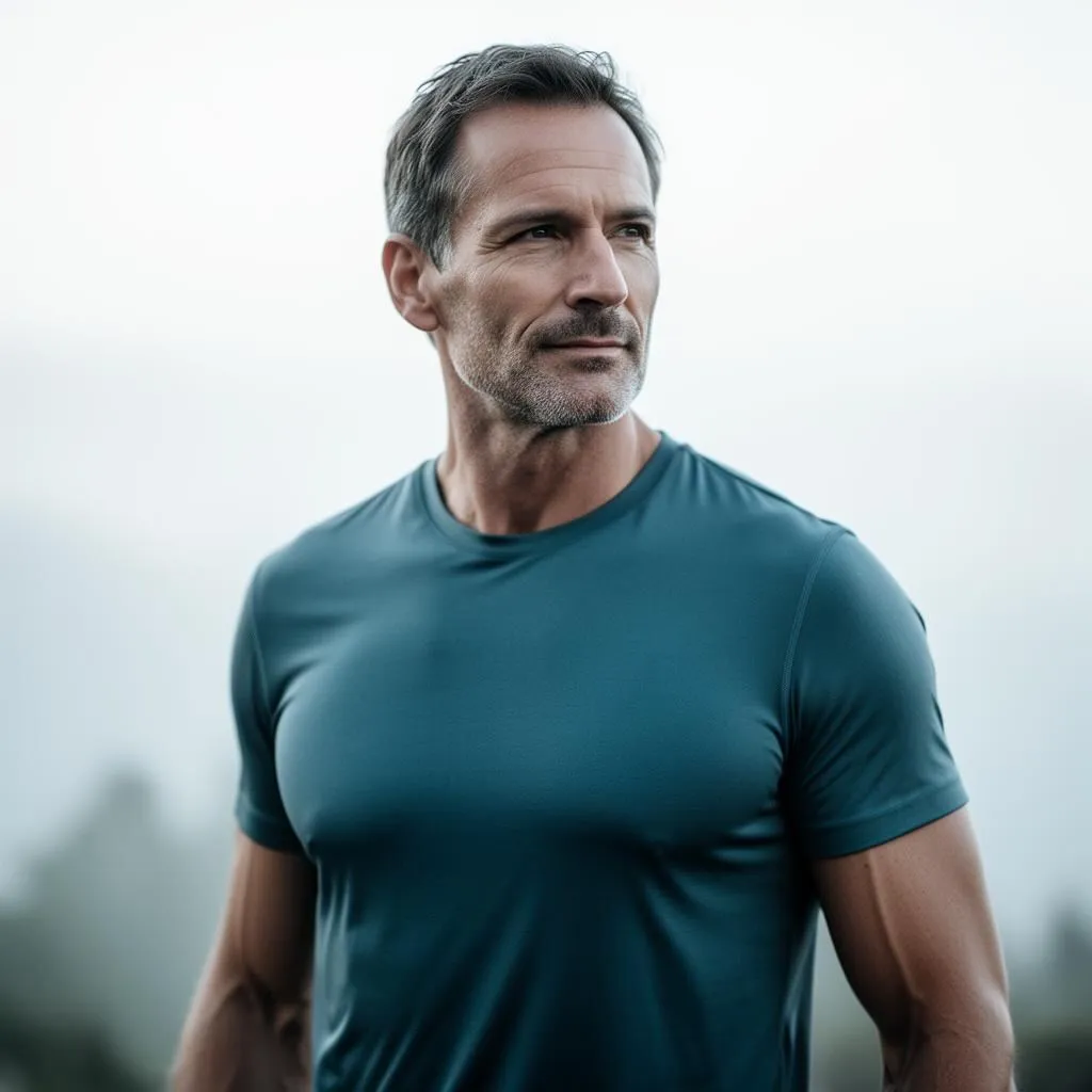 Confident, focused man outdoors in cool morning light, feeling energized and strong