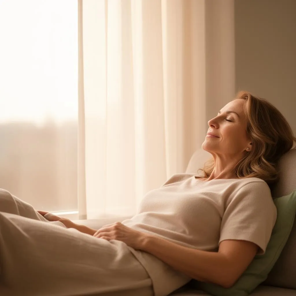 Woman relaxed and at ease in soft morning light, feeling balanced and energized